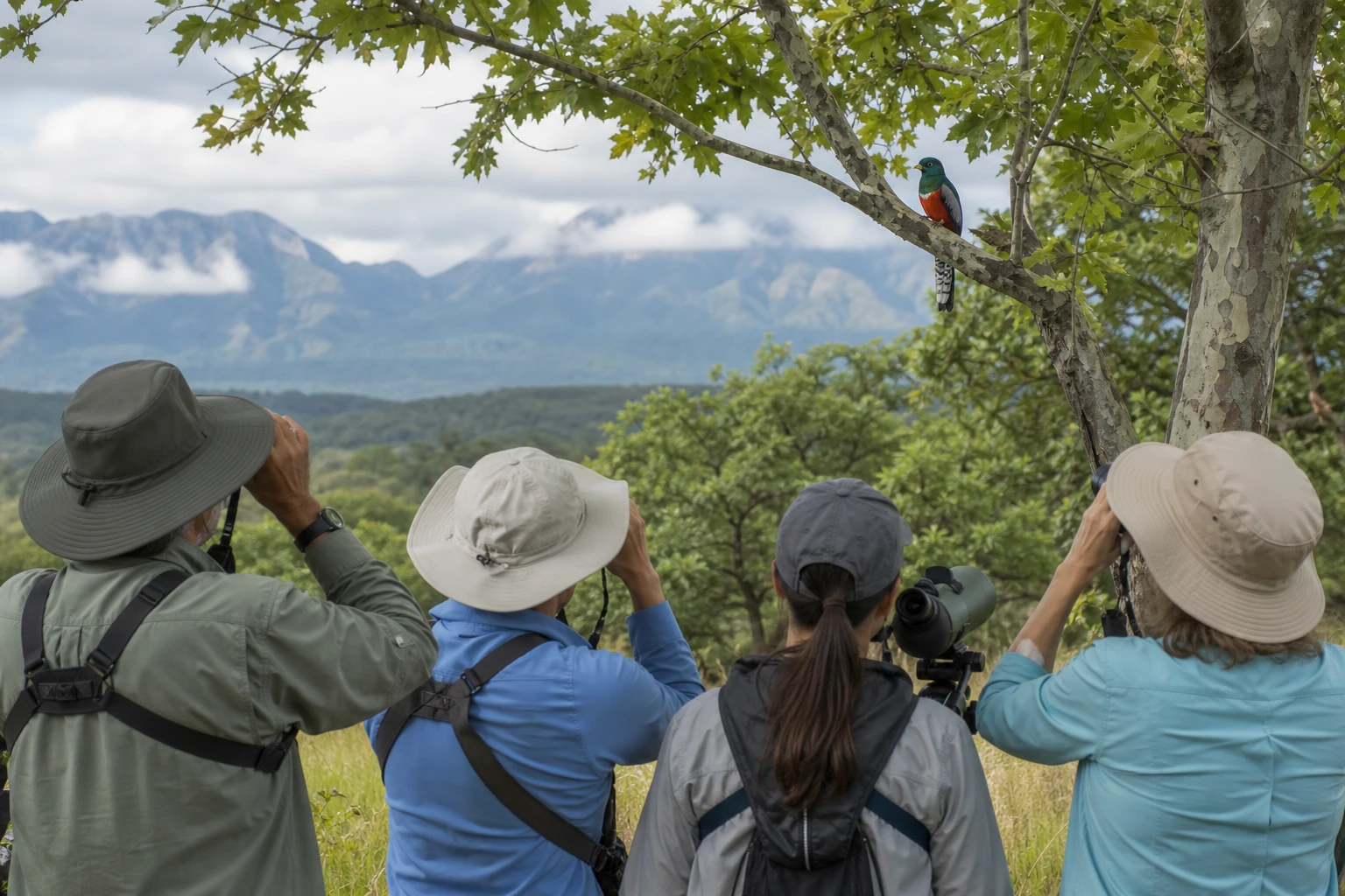 Birders observing an elegant trogon beneath the Huachuca Mountains near Sierra Vista