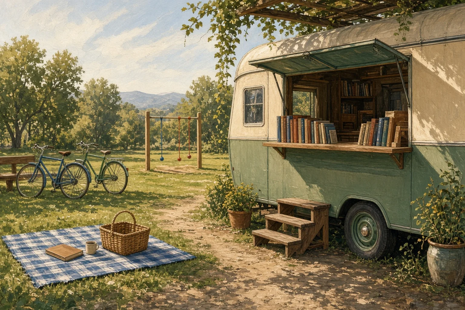 AI-generated illustration for Visit the Bookmobile at Fellowship Square; not a photograph of this event or location