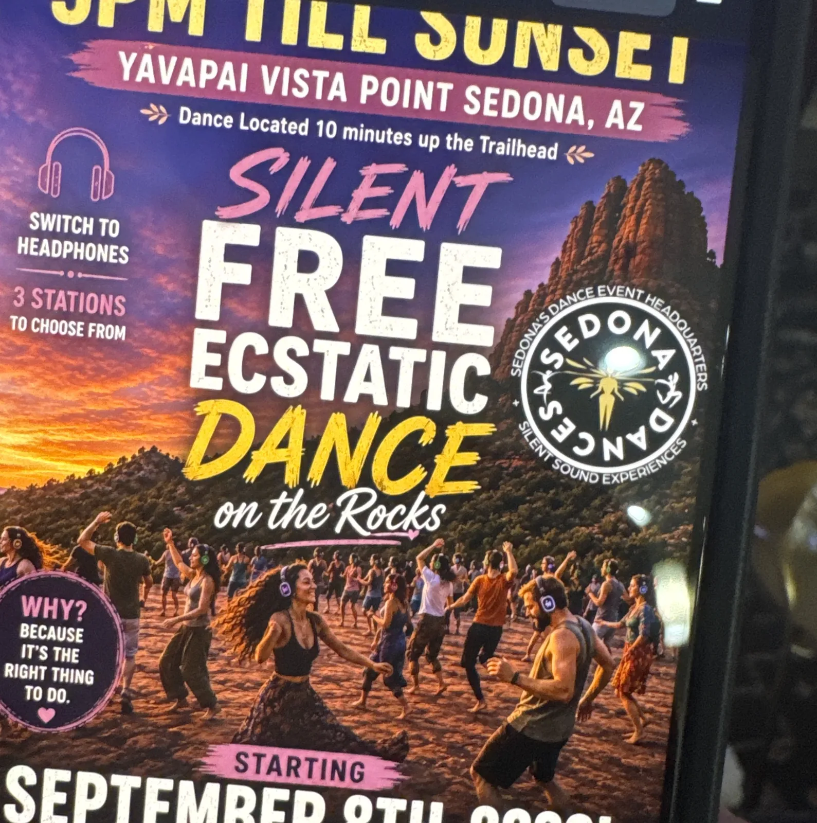 Sedona Dances flyer for Silent Free Ecstatic Dance on the Rocks at Yavapai Vista Point