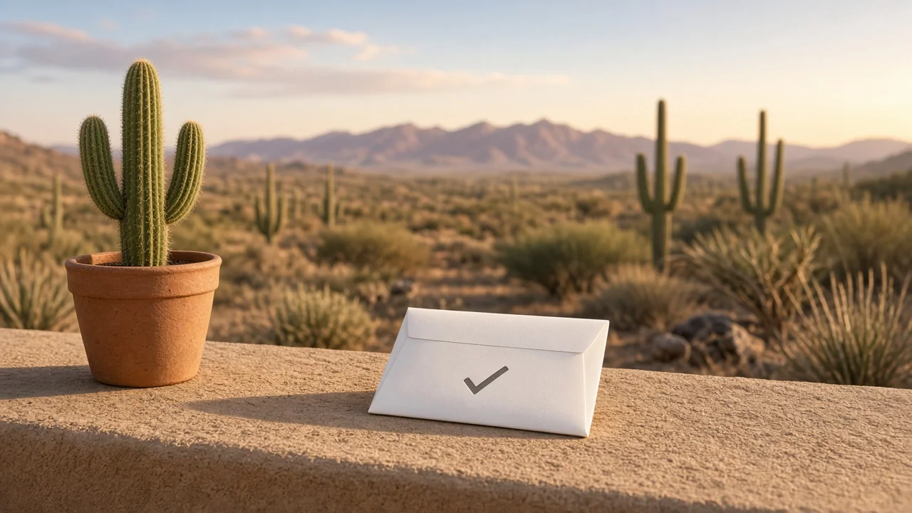 Mail ballot envelope with a checkmark on an adobe ledge beside a saguaro, Sonoran Desert at sunset